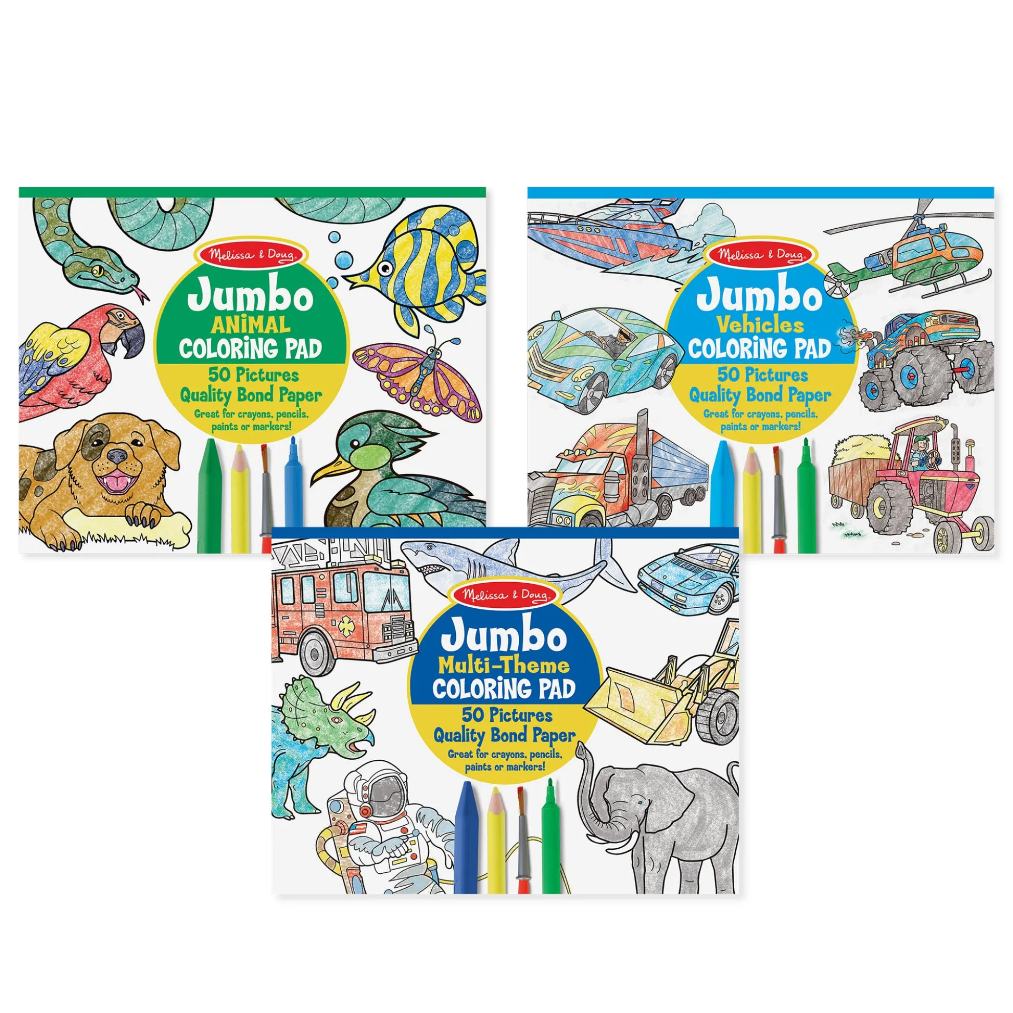 Coloring Pad 3-Pack: Animals, Vehicles, Multi-Theme