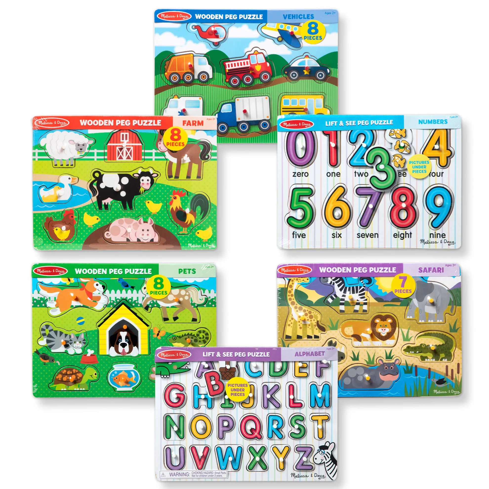 Wooden Peg Puzzle 6-Pack: Vehicles, Numbers, Safari, Farm, Pets, Alphabet